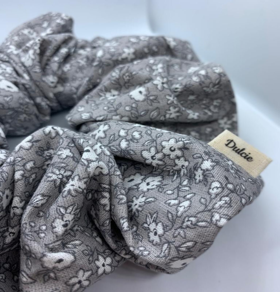 Grey Floral Scrunchie
